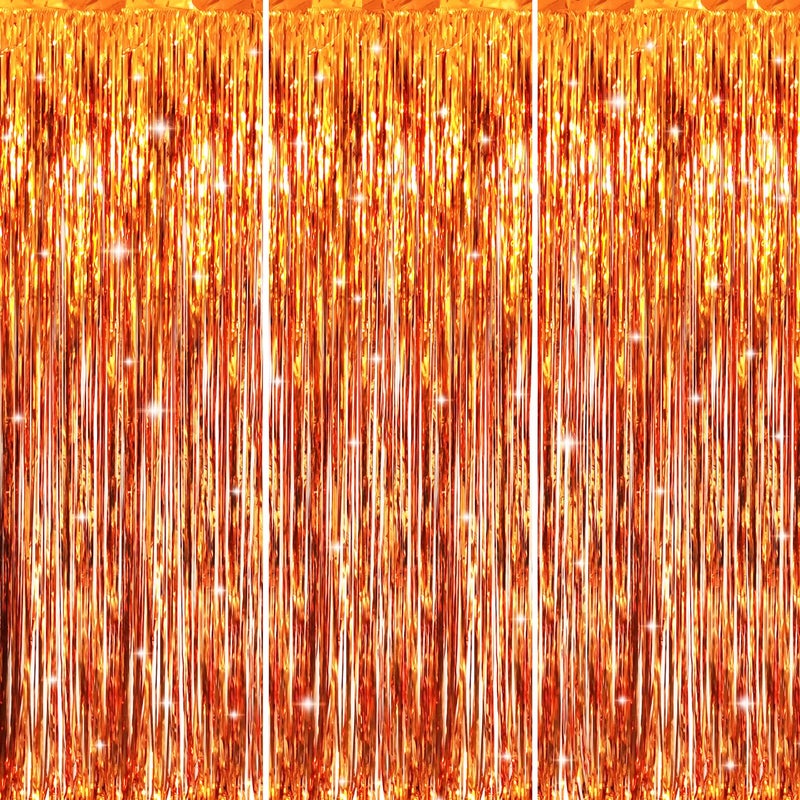 GOER 3.2 ft x 8.2 ft Metallic Tinsel Foil Fringe Curtains Party Photo Backdrop Party Streamers for Birthday,Graduation,New Year Eve Decorations Wedding Decor (3 Packs,Orange) - Image 1